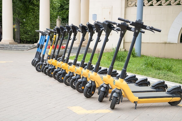 Electric scooters lined up for rent on a city street