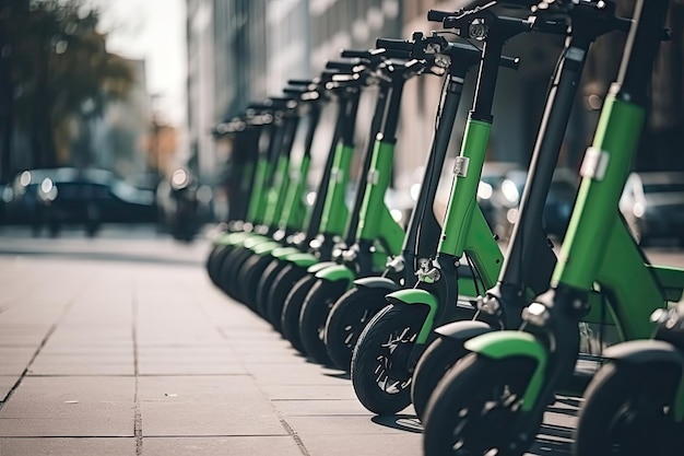 Electric scooters waiting at the curb ready to be rented and driven away