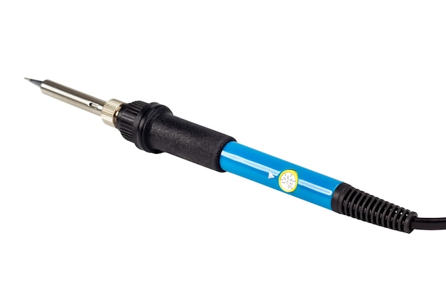 Electric soldering iron with the blue handle isolated on a white background