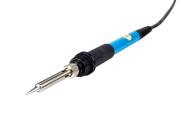 Electric soldering iron with the blue handle isolated on a white background.