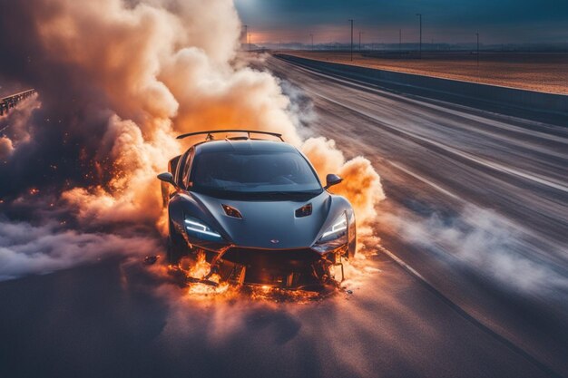 electric sport car ev battery explosion burn fire flames sunset in the motorway