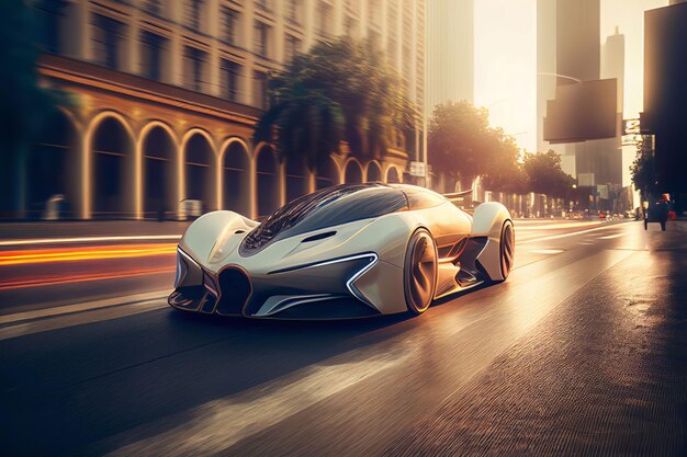 Электрический спортивный автомобиль, мчащийся по утренней дороге в городе будущего Создано с помощью технологии генеративного искусственного интеллекта