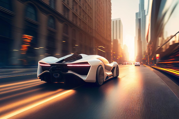 Electric sport car running on the morning road in future city Created with Generative AI technology