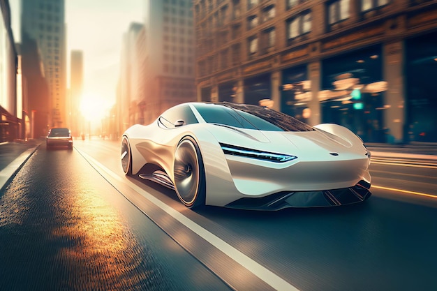 Electric sport car running on the morning road in future city Created with Generative AI technology