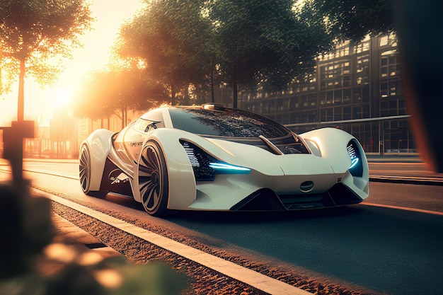 Electric sport car running on the morning road in future city Created with Generative AI technology