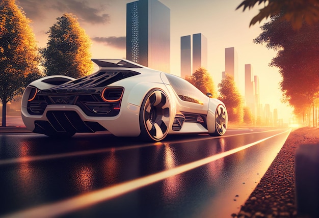 Auto sportiva elettrica che corre sulla strada mattutina nella città futura creata con la tecnologia generativa ai