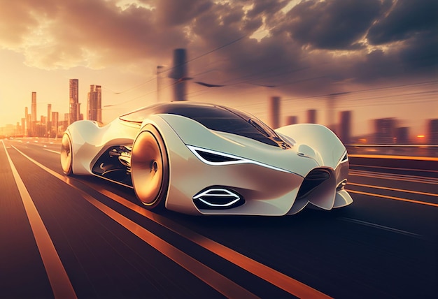 Electric sport car running on the morning road in future city Created with Generative AI technology