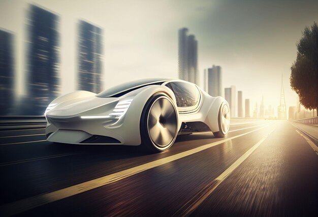 Electric sport car running on the morning road in future city Created with Generative AI technology