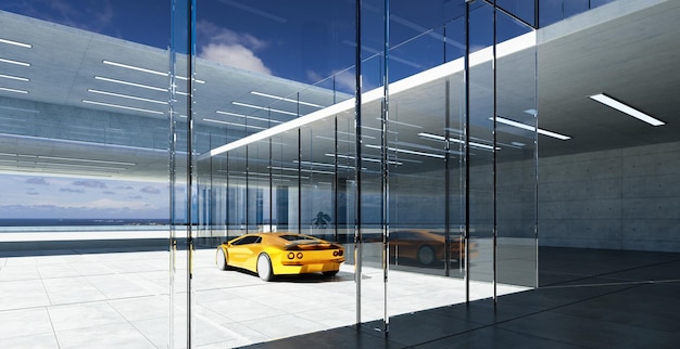 Electric sports car parked in the center of modern glass facade walls building