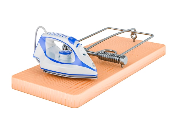 Electric steam iron inside mousetrap 3D rendering