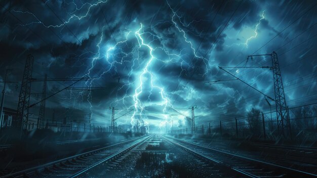 Photo electric storm dramatic lightning over train tracks and power lines