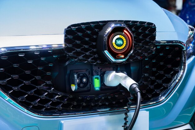 Electric suv car charging with graphical user interface future\
technology ev car concept