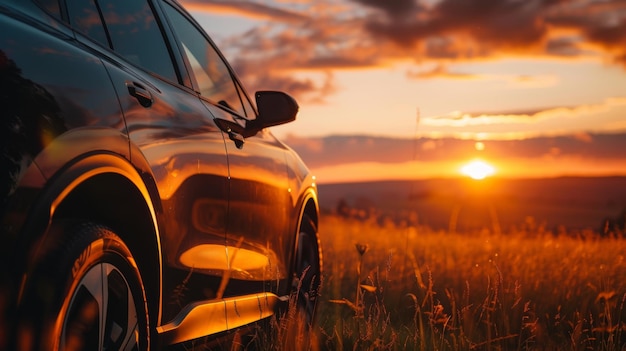 Electric suv parked in field at sunset