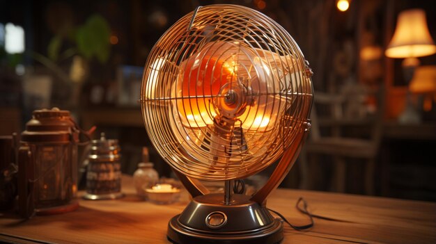 Electric table fan on the wooden table Closeup view