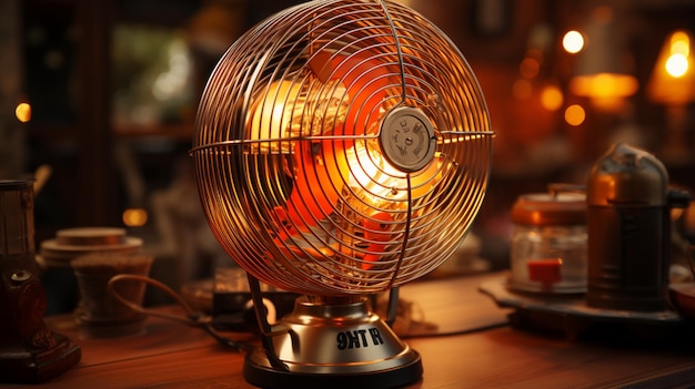 Электрический настольный вентилятор на деревянном столе. Вид крупным планом