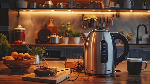 An electric tea kettle with temperature control in a kitchen