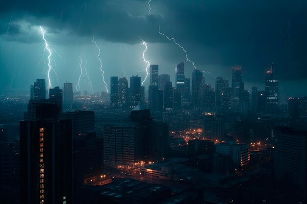 전기 천둥 폭풍 밤 극적인 장면 도시 스카이라인 위에 어두운 폭풍우가 치는 하늘