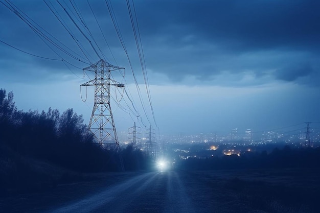 Electric towers and city skyline high voltage power line pylons town power supply