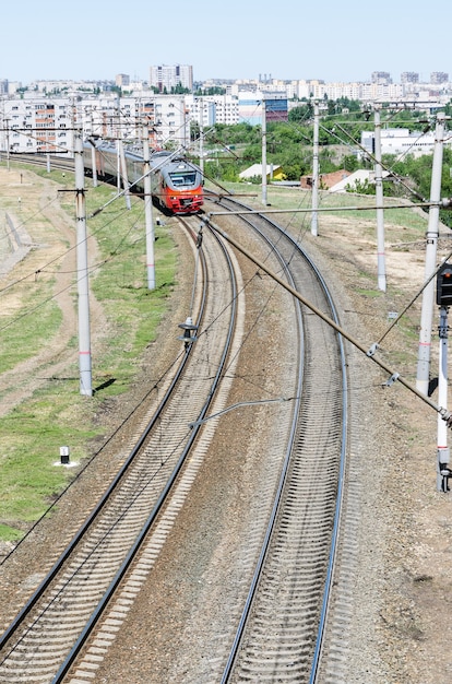 Photo electric train on the railway top view