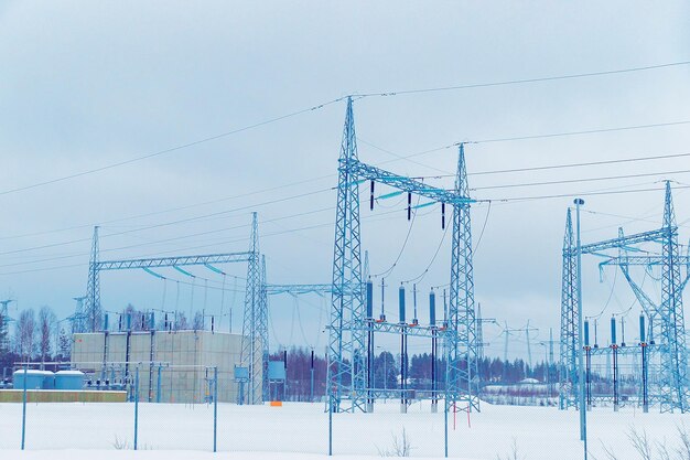 Electric transmission lines at winter Rovaniemi, Lapland, Finland