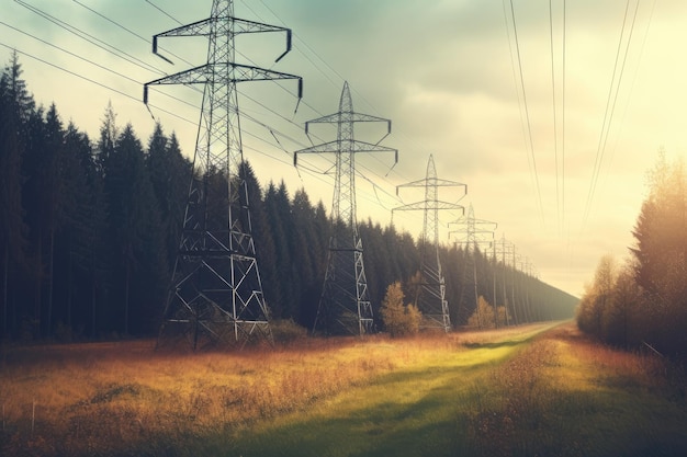 Electric transmission tower pylons stretching across AI Generated