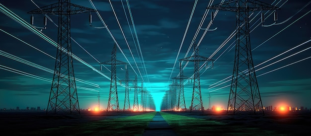 Photo electric transmission tower with neon blue cables at night with sky lights flashing blue orange green