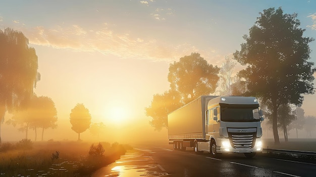 An electric truck carries cargo along a forest road