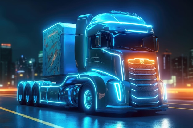 Electric truck in a futuristic environment truck with neon lights generative ai