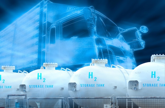 Electric truck with H2 fuel storage tank Blue hydrogen concept Electric vehicle trailer truck