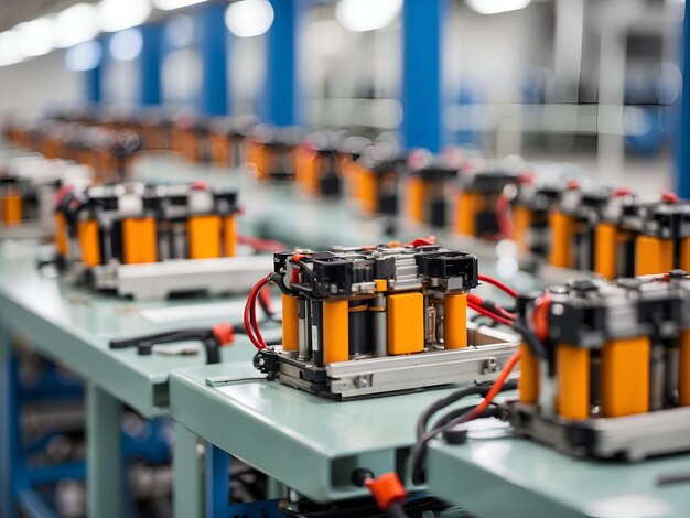 Photo electric vehicle battery assembly line closeup