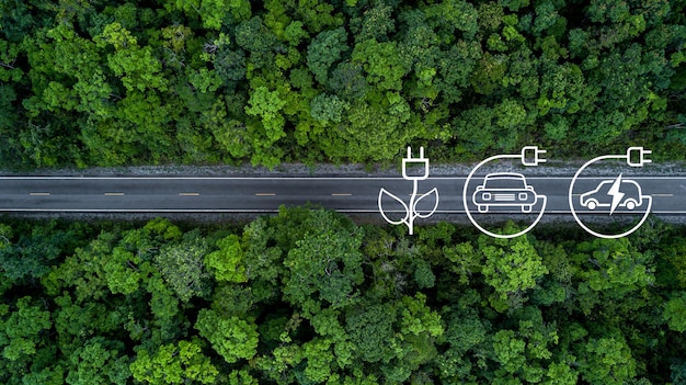 Electric vehicle car going through forest EV electrical energy for environment Nature power technology sustainable devlopment goals green energy Ecosystem ecology healthy environment road trip