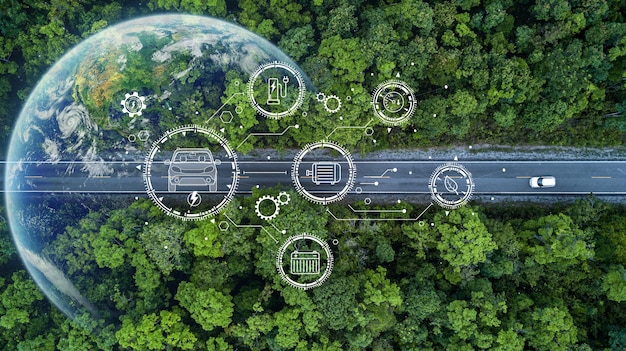 Veicolo elettrico auto che attraversa la foresta ev energia elettrica per l'ambiente natura tecnologia energetica obiettivi di sviluppo sostenibile energia verde ecosistema ecologia ambiente sano viaggio su strada