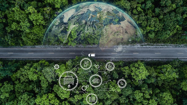 Electric vehicle car going through forest EV electrical energy for environment Nature power technology sustainable devlopment goals green energy Ecosystem ecology healthy environment road trip