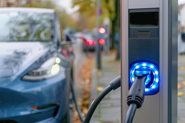 Electric vehicle charging at ev charger station urban setting