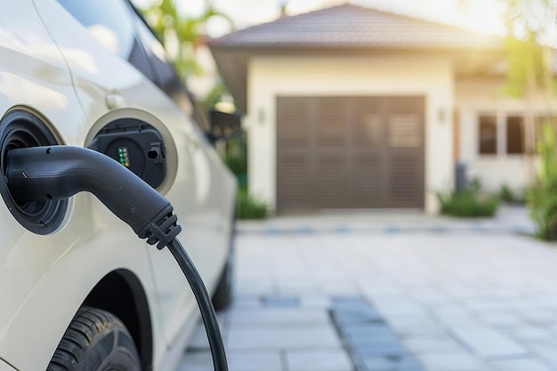 Electric vehicle charging at home with blurred background