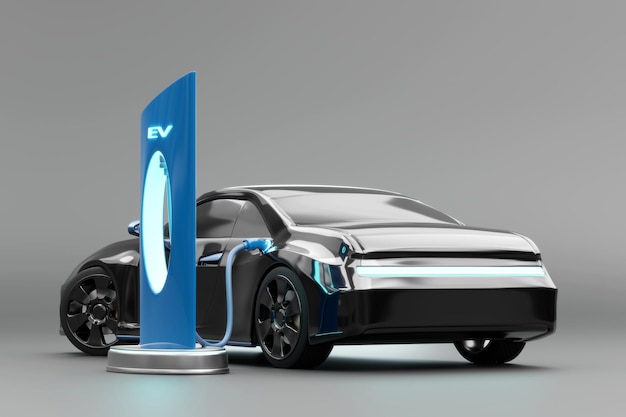 Photo electric vehicle ev car with energy station charging 3d rendering