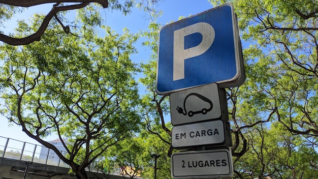 Electric vehicle parking road sign with charging
