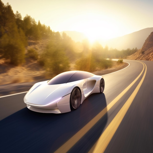 Electric vehicle super car on mountain road sunset in summer