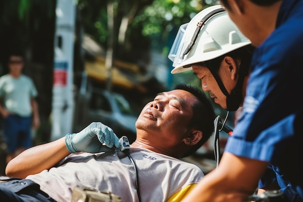 Photo electric worker suffered an electric shock accident unconscious