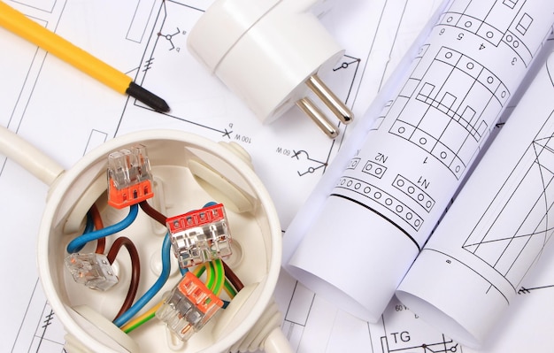 Foto scatola elettrica con collegamenti di cavi elettrici e spina con disegno costruttivo della casa componenti utilizzati negli impianti elettrici