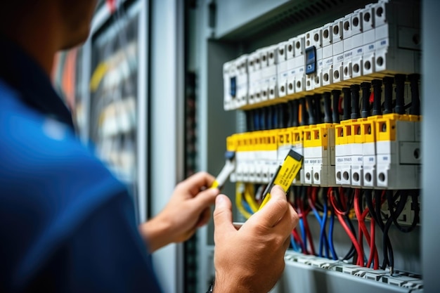 Photo electrical engineer checking voltage in power distribution board