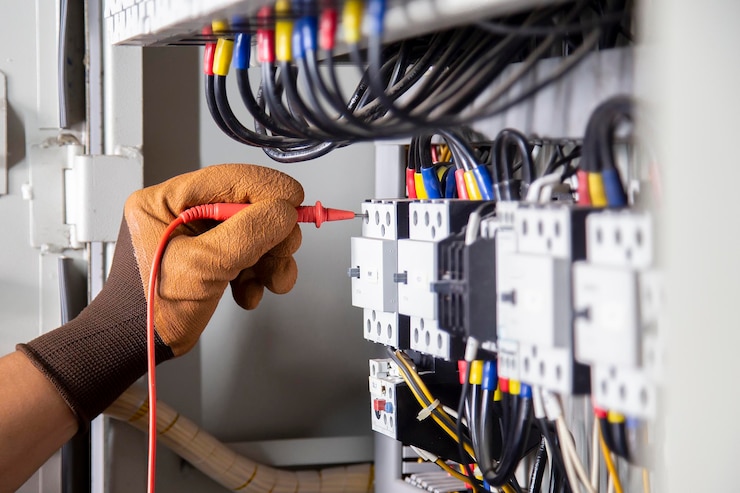 Photo electrical engineer checks electrical system by measuring with multimeter