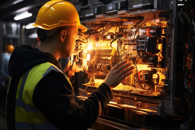 Foto ingegnere elettrico che controlla l'armadio di distribuzione dell'energia nella sala di controllo