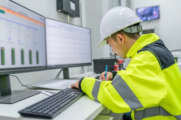 制御室の配電キャビネットで電圧をチェックする電気技師の男予防保守会社で働く毎年恒例のタイの電気技師