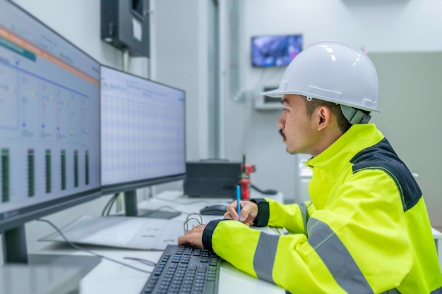 制御室の配電キャビネットで電圧をチェックする電気技師の男予防保守会社で働く毎年恒例のタイの電気技師