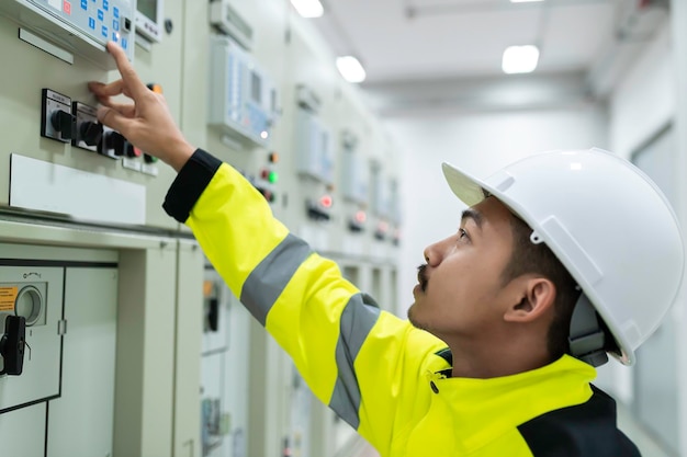 Electrical engineer man checking voltage at the Power Distribution Cabinet in the control roompreventive maintenance YearlyThailand Electrician working at company