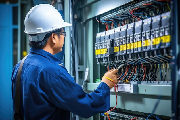 Photo electrical engineer measures current voltage for circuit maintenance