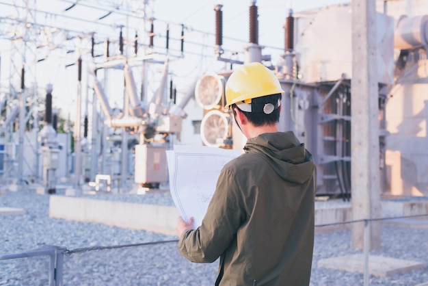 Photo electrical engineer standing at the power substation