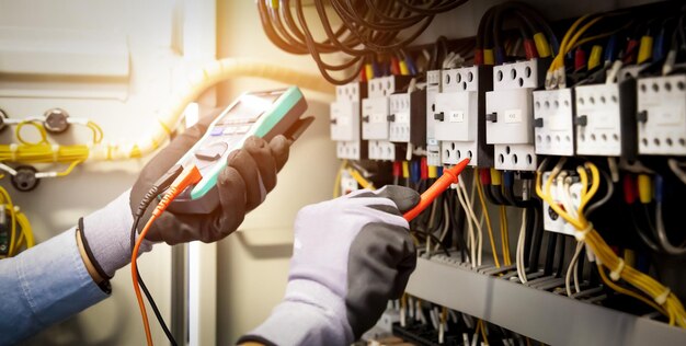 Electrical engineer using digital multi-meter measuring\
equipment to checking electric current voltage at circuit breaker\
and cable wiring system in main power distribution board.