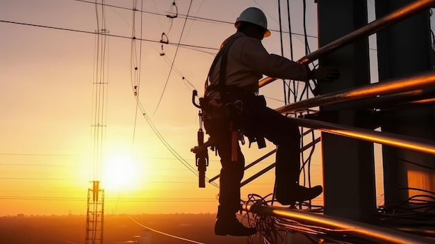 Electrical engineer wear safety uniform at heights Construction engineer work for roof industrial with copy space Generative Ai Technology